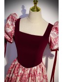 Burgundy Floral Pattern Long Prom Dress with Sleeves Straps