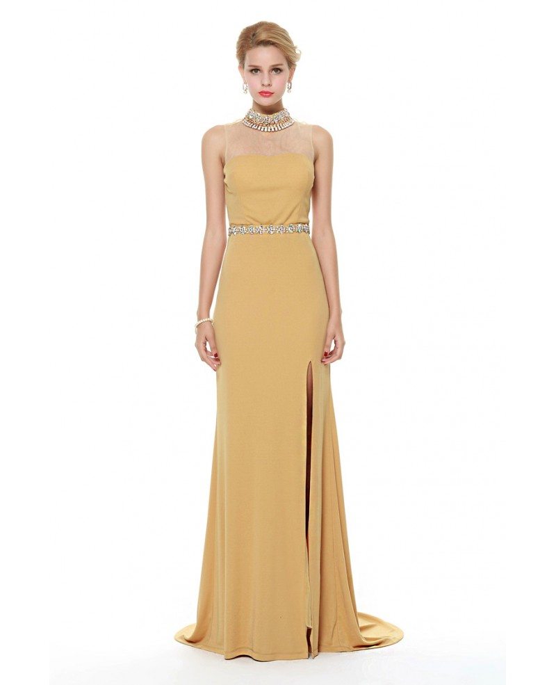 Elegant High Neck Cotton Long Eveing Dress With Beading Split #CK390 ...