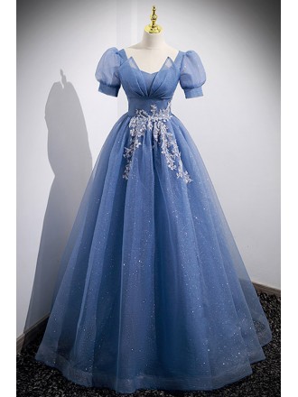 Modest Long Bling Blue Tulle Prom Dress with Short Sleeves