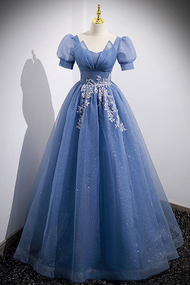 Modest Long Bling Blue Tulle Prom Dress with Short Sleeves #L78094 ...