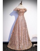 Off Shoulder Champagne Gold Sequined Prom Dress For Parties