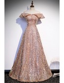 Off Shoulder Champagne Gold Sequined Prom Dress For Parties