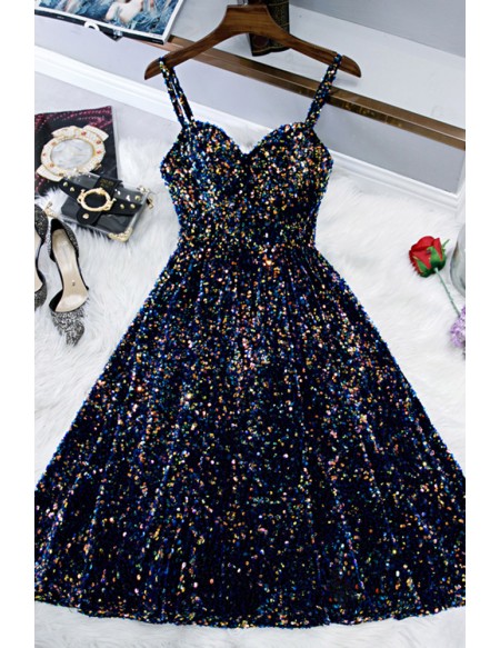 Colorful Bling Sequins Midi Party Dress with Straps