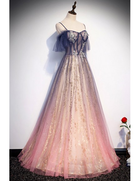 Ombre Tulle Long Prom Dress with Bling Sequins