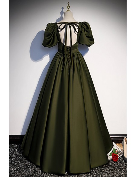 Green Square Neck Satin Long Prom Dress with Bubble Sleeves