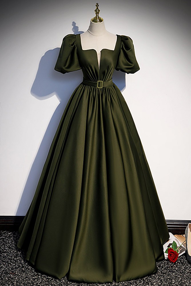 Long Sleeves Square A Line Floral Green Prom Dress With Slit