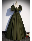 Green Square Neck Satin Long Prom Dress with Bubble Sleeves
