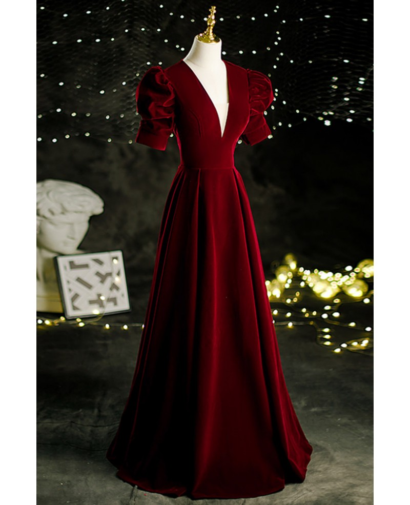 Deep Vneck Burgundy Long Velvet Evening Dress with Keyhole Back #L78202 ...