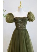 Dusty Green Tulle Aline Prom Dress with Bubble Sleeves