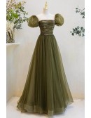 Dusty Green Tulle Aline Prom Dress with Bubble Sleeves