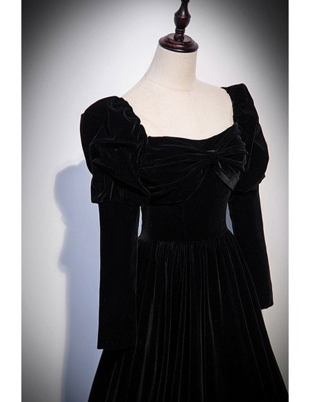 Retro Square Neck Long Black Velvet Dress with Long Sleeves #L78168 ...