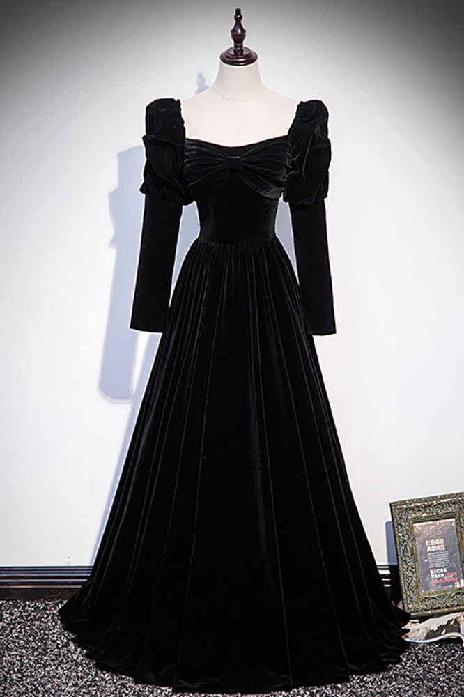 Retro Square Neck Long Black Velvet Dress with Long Sleeves #L78168 ...