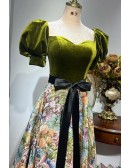 Green Velvet And Floral Pattern Prom Dress with Black Sash
