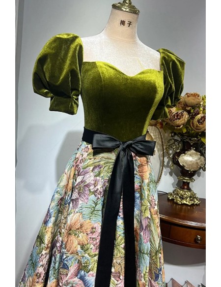Green Velvet And Floral Pattern Prom Dress with Black Sash