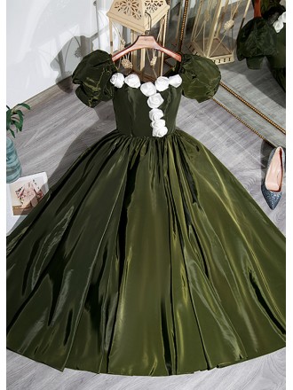 Green Midi Formal Party Dress with 3d Flowers