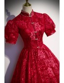 Burgundy Formal Lace Long Formal Dress with Collar High Neck