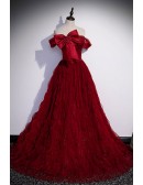 Burgundy Puffy Long Tulle Prom Dress Off Shoulder with Bow Knot