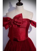 Burgundy Puffy Long Tulle Prom Dress Off Shoulder with Bow Knot