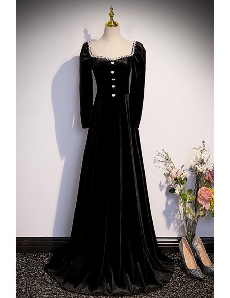 Retro Long Black Velvet Evening Dress with Long Sleeves