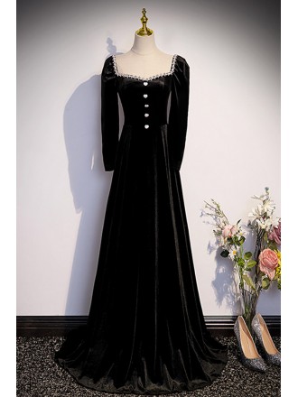 Retro Long Black Velvet Evening Dress with Long Sleeves