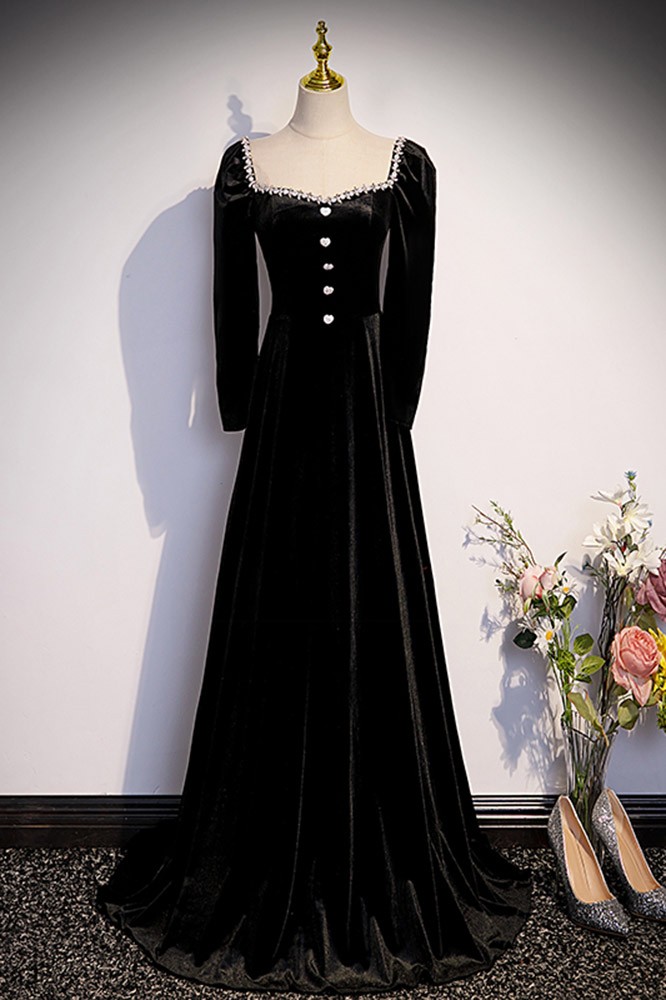 Retro Long Black Velvet Evening Dress with Long Sleeves #L78041 ...