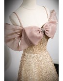 Gorgeous Champagne Sequined Long Prom Dress with Big Bow Sleeves