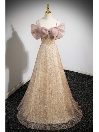 Gorgeous Champagne Sequined Long Prom Dress with Big Bow Sleeves
