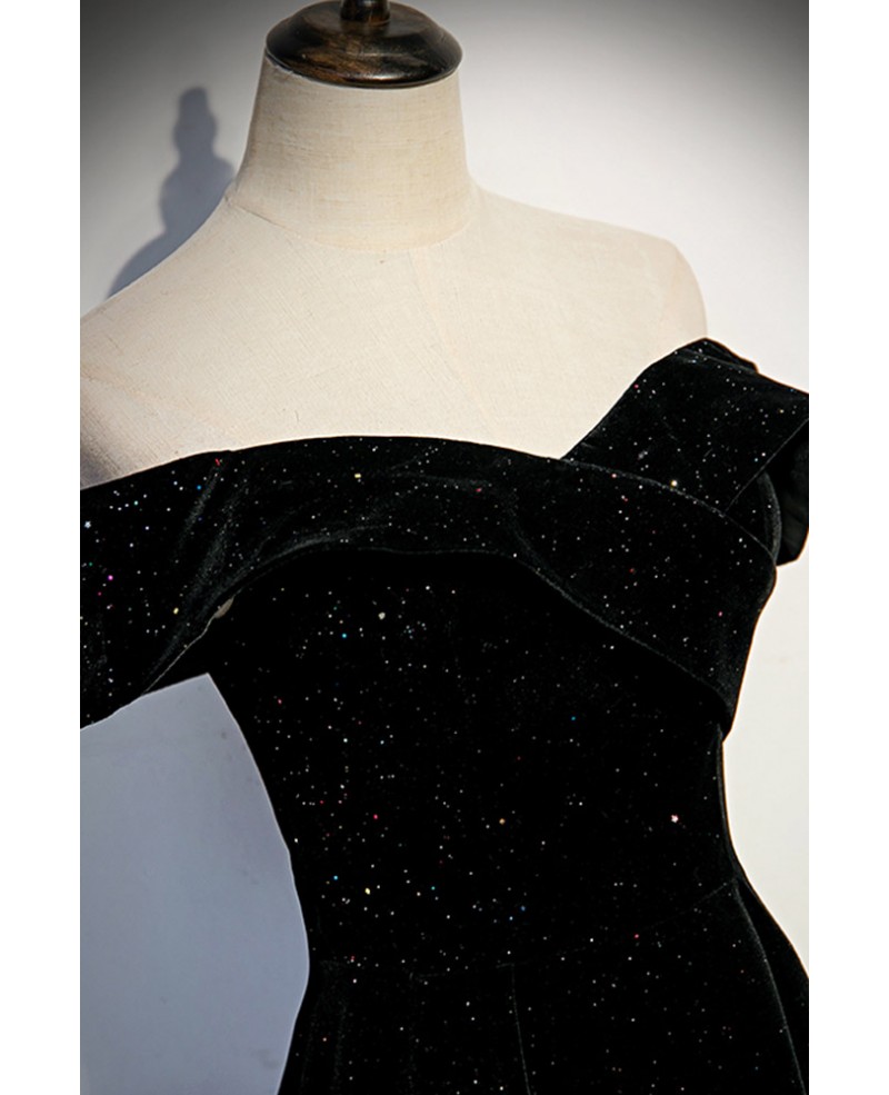 Off Shoulder Long Black Velvet Formal Dress with Bling #L78237 ...
