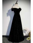 Off Shoulder Long Black Velvet Formal Dress with Bling
