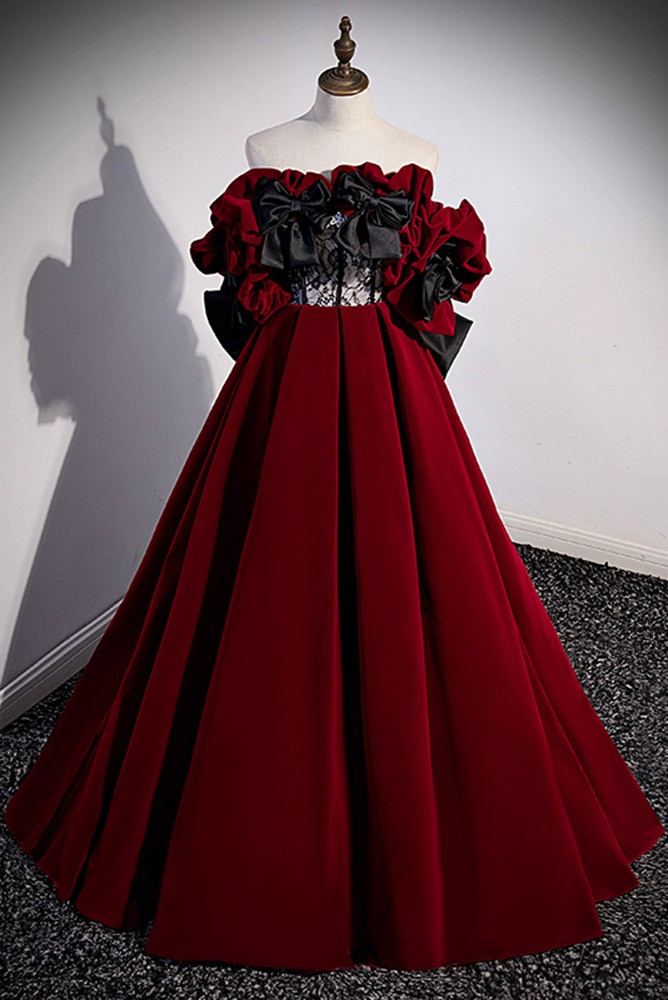 Unique Black And Red Velvet Formal Dress with Big Bow #L78082 ...