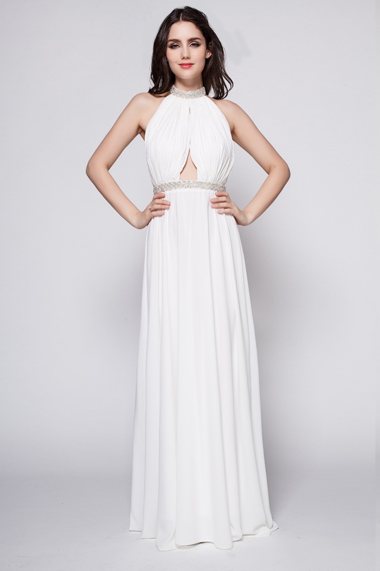 Halter Long Open Back White Goddess Formal Dress #CK381 $92.2 - GemGrace.com
