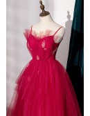 Burgundy Puffy Long Tulle Prom Dress with Spaghetti Straps
