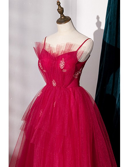 Burgundy Puffy Long Tulle Prom Dress with Spaghetti Straps
