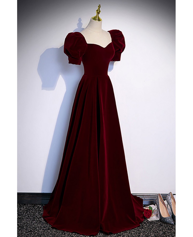 Simple Burgundy Long Velvet Prom Dress with Short Sleeves #L78105 ...