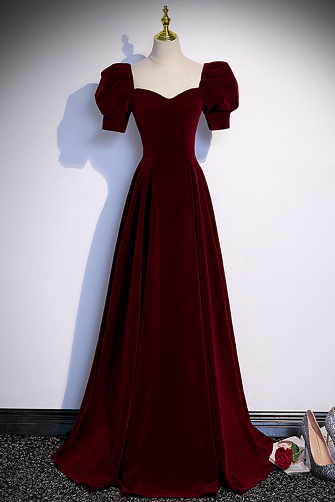 Simple Burgundy Long Velvet Prom Dress with Short Sleeves #L78105 ...