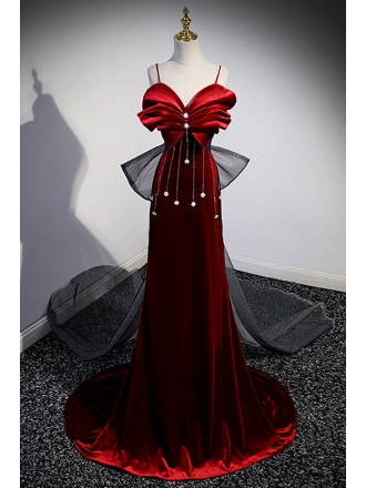 Formal Long Train Velvet Evening Dress with Stunning Big Bow In Back