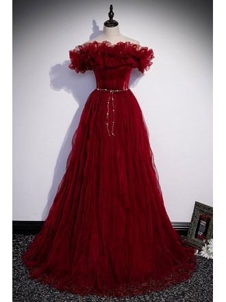 Special Puffy Tulle Burgundy Red Prom Dress Off Shoulder
