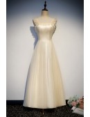 Pretty Champagne Aline Tulle Tea Length Party Dress