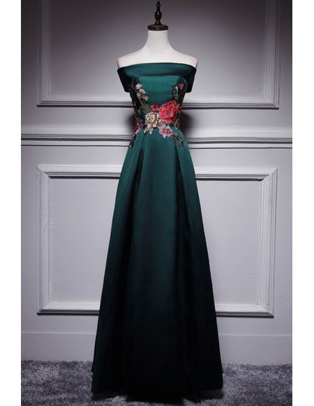 Dark Green Satin Long Formal Dress with Embroidered Flowers