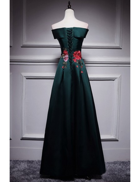 Dark Green Satin Long Formal Dress with Embroidered Flowers