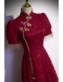 Burgundy Lace Qipao Inspired Formal Dress with High Neck