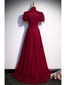 Burgundy Lace Qipao Inspired Formal Dress with High Neck