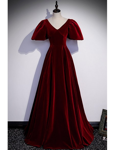 Elegant Long Velvet Formal Dress Vneck with Bubble Sleeves #L78175 ...