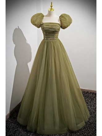 Green Tulle Long Modest Prom Dress with Removable Sleeves