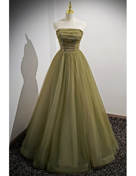 Green Tulle Long Modest Prom Dress with Removable Sleeves