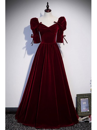 Burgundy Elegant Velvet Long Party Dress with Half Sleeves