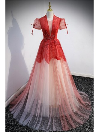 Unique Red Sequins And Tulle Vneck Evening Prom Dress with Bling