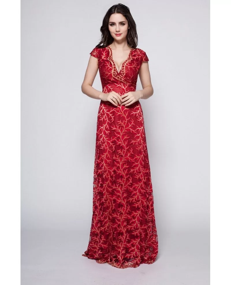 red and gold gown with sleeves