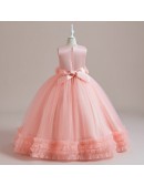 Sleeveless Long Tulle Pink Girls Formal Dress 5 Colors
