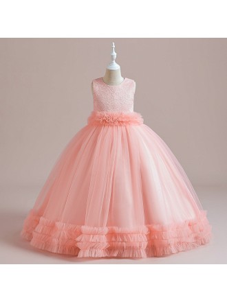 Sleeveless Long Tulle Pink Girls Formal Dress 5 Colors
